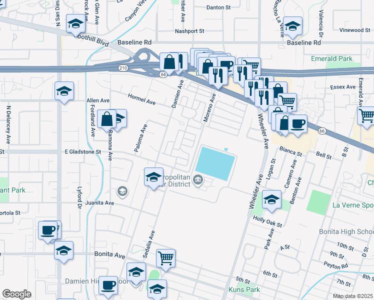 map of restaurants, bars, coffee shops, grocery stores, and more near 3530 Damien Avenue in La Verne