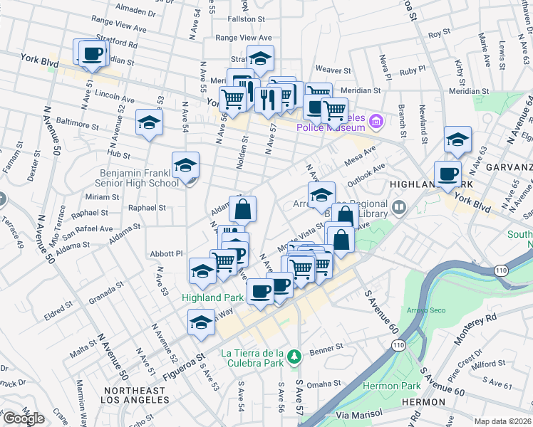 map of restaurants, bars, coffee shops, grocery stores, and more near 400 North Avenue 57 in Los Angeles