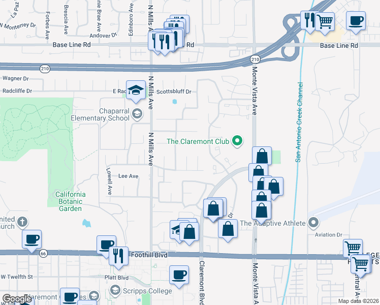 map of restaurants, bars, coffee shops, grocery stores, and more near 1672 Kenyon Place in Claremont