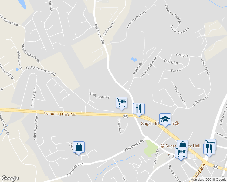 map of restaurants, bars, coffee shops, grocery stores, and more near 5330 Sycamore Road in Buford
