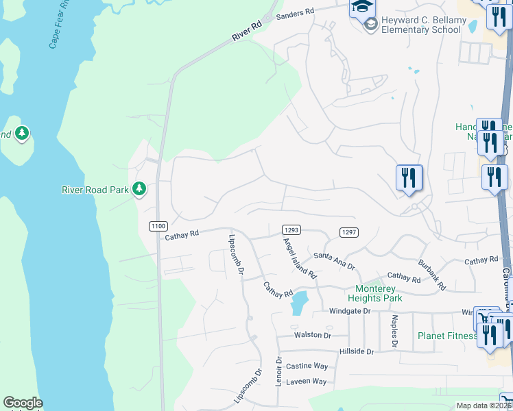 map of restaurants, bars, coffee shops, grocery stores, and more near 323 Chattooga Place in Wilmington