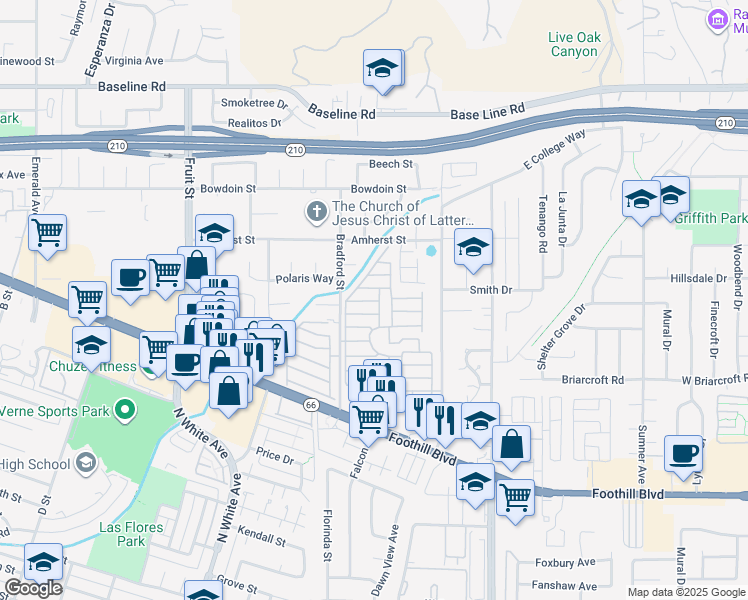 map of restaurants, bars, coffee shops, grocery stores, and more near 3800 Bradford Street in La Verne