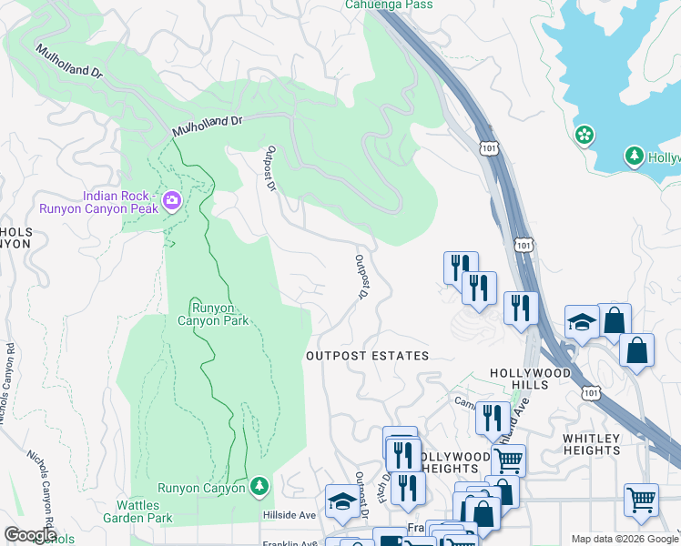 map of restaurants, bars, coffee shops, grocery stores, and more near 2402 Carman Crest Drive in Los Angeles