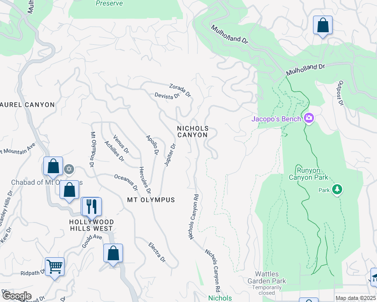 map of restaurants, bars, coffee shops, grocery stores, and more near 2341 Zorada Court in West Hollywood
