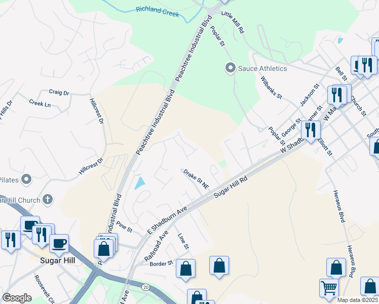 map of restaurants, bars, coffee shops, grocery stores, and more near 1912 Glencliff Way in Buford