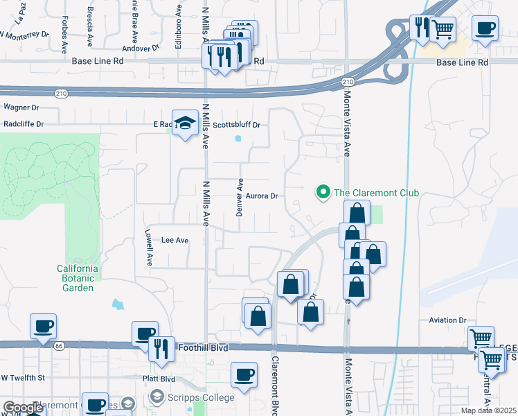 map of restaurants, bars, coffee shops, grocery stores, and more near 1672 Kenyon Place in Claremont