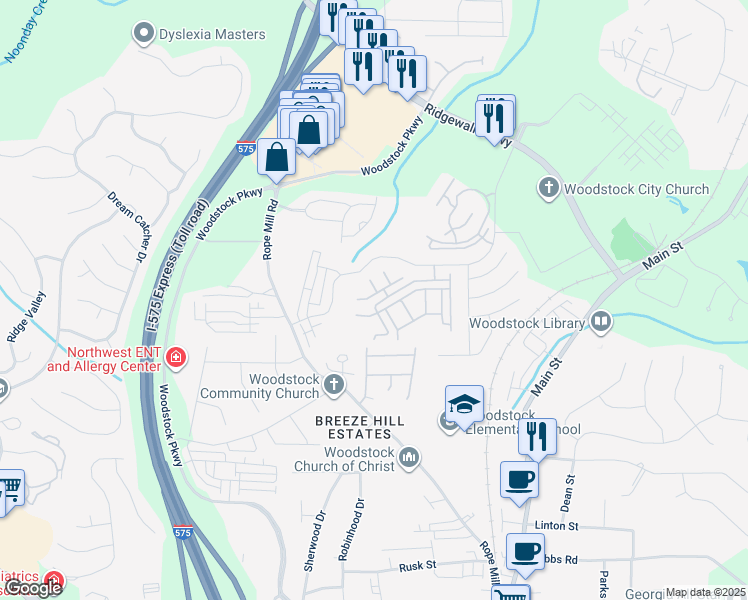 map of restaurants, bars, coffee shops, grocery stores, and more near 1118 Cotton Gin Drive in Woodstock