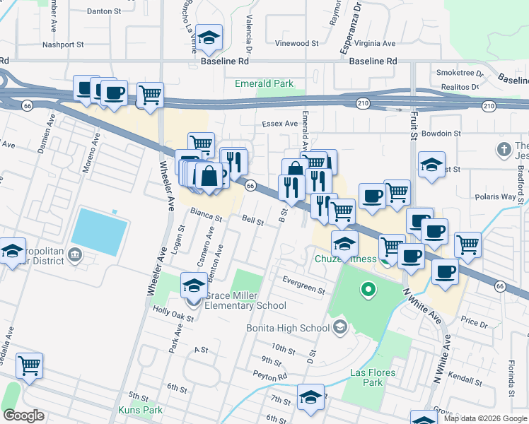 map of restaurants, bars, coffee shops, grocery stores, and more near 3635 York Circle in La Verne
