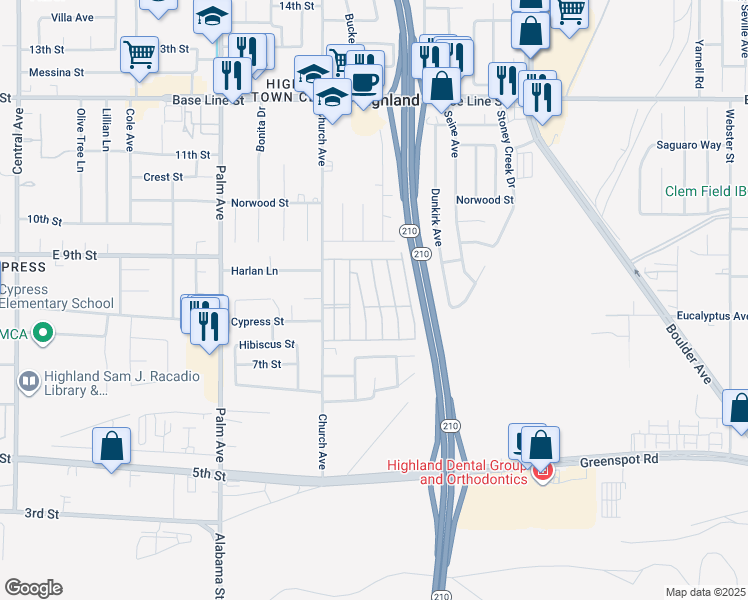 map of restaurants, bars, coffee shops, grocery stores, and more near 7717 Church Avenue in Highland