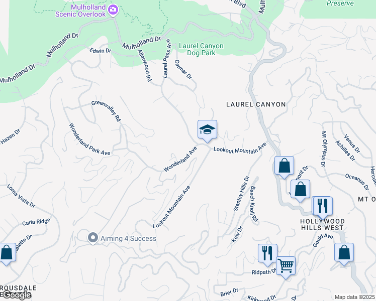 map of restaurants, bars, coffee shops, grocery stores, and more near 8569 Wonderland Avenue in West Hollywood