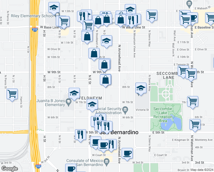 map of restaurants, bars, coffee shops, grocery stores, and more near 805 North D Street in San Bernardino