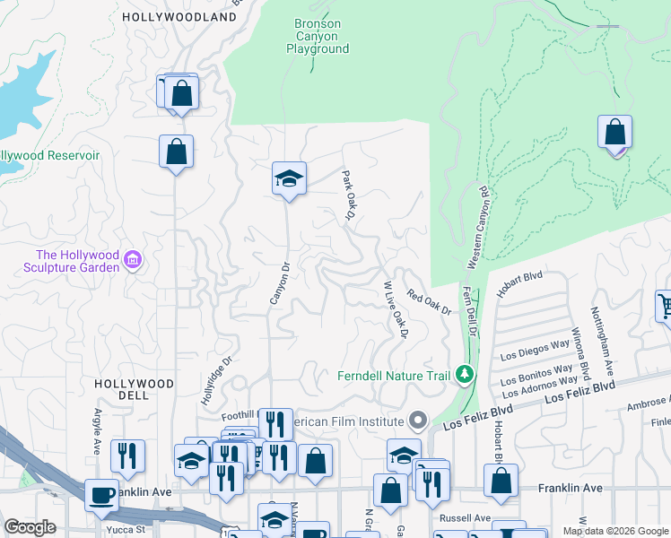 map of restaurants, bars, coffee shops, grocery stores, and more near 5661 Spreading Oak Drive in Los Angeles