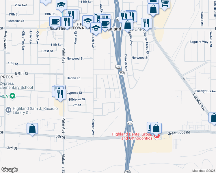 map of restaurants, bars, coffee shops, grocery stores, and more near 7717 Church Avenue in Highland