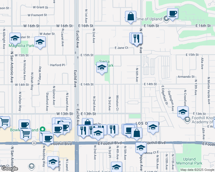 map of restaurants, bars, coffee shops, grocery stores, and more near 1397 North 3rd Avenue in Upland