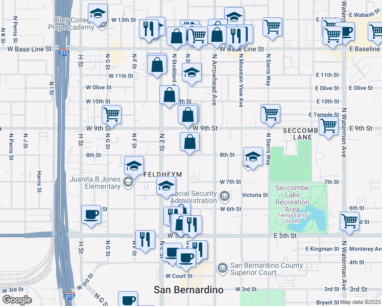 map of restaurants, bars, coffee shops, grocery stores, and more near 805 North D Street in San Bernardino