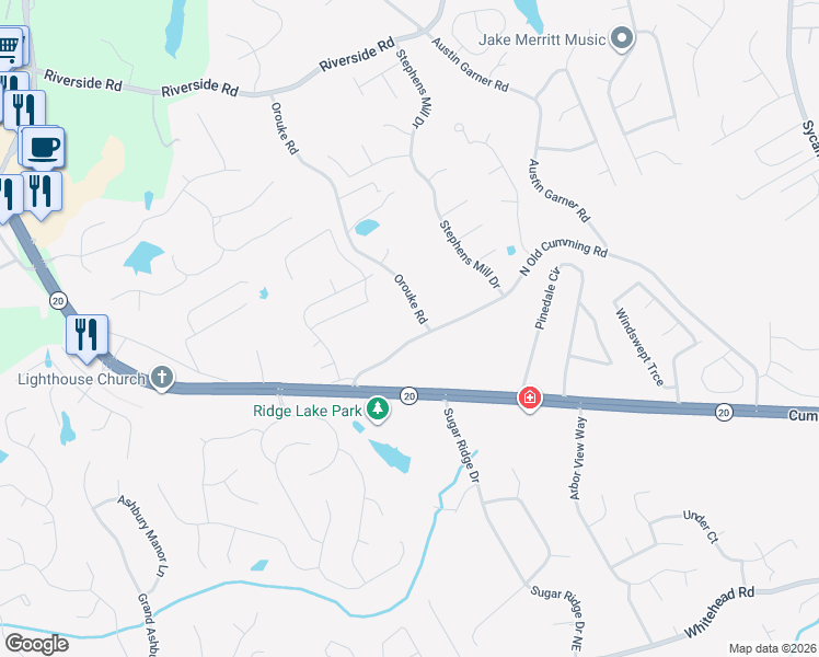 map of restaurants, bars, coffee shops, grocery stores, and more near 5600 Orouke Road in Sugar Hill