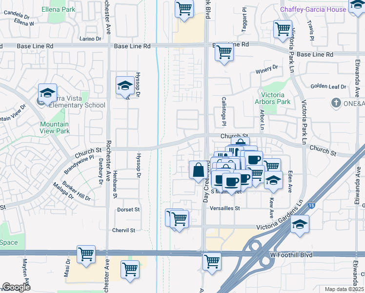map of restaurants, bars, coffee shops, grocery stores, and more near 12240 Chantrelle Drive in Rancho Cucamonga