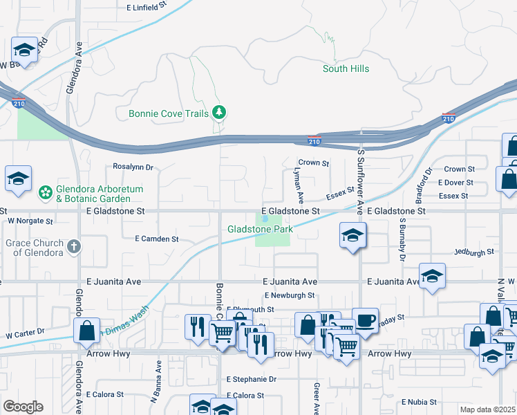 map of restaurants, bars, coffee shops, grocery stores, and more near 629 East Ghent Street in Glendora