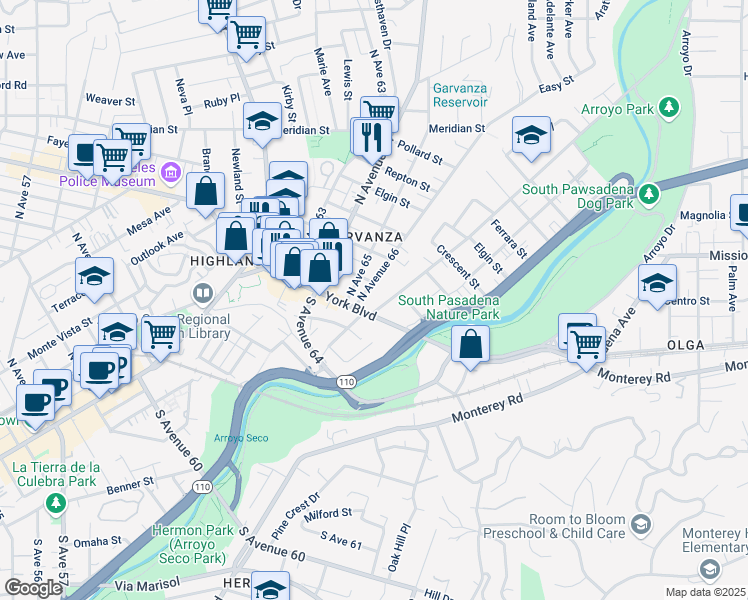 map of restaurants, bars, coffee shops, grocery stores, and more near 126 North Avenue 66 in Los Angeles