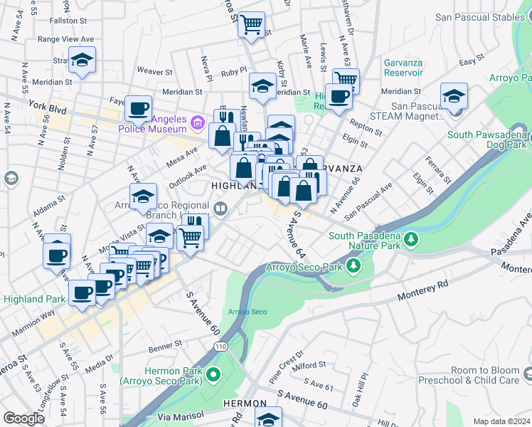 map of restaurants, bars, coffee shops, grocery stores, and more near 125 3/4 South Avenue 63 in Los Angeles