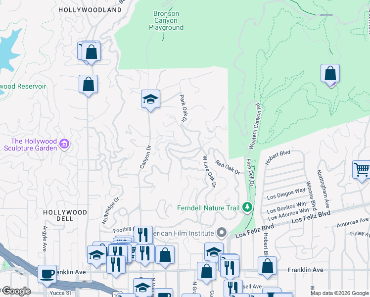 map of restaurants, bars, coffee shops, grocery stores, and more near 2438 Canyon Oak Drive in Los Angeles