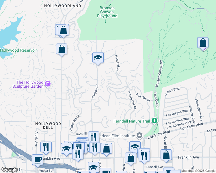 map of restaurants, bars, coffee shops, grocery stores, and more near 5659 Tuxedo Terrace in Los Angeles