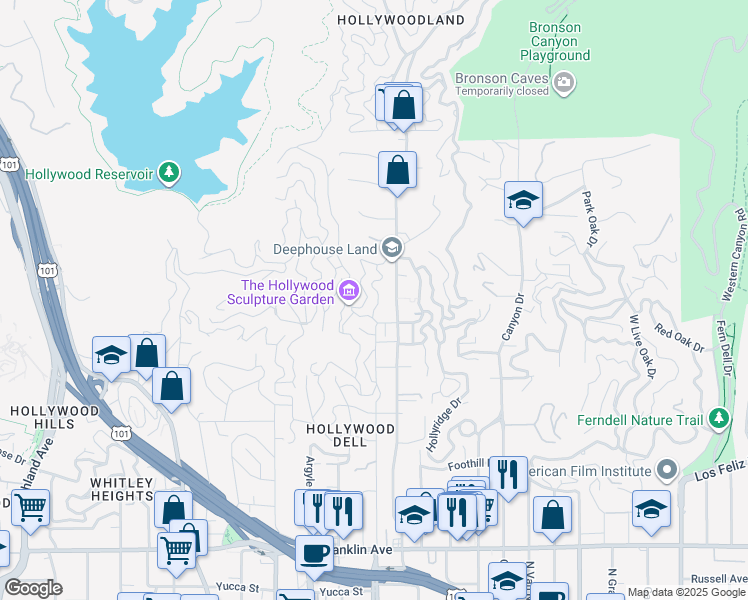 map of restaurants, bars, coffee shops, grocery stores, and more near 2531 Dearborn Drive in Los Angeles