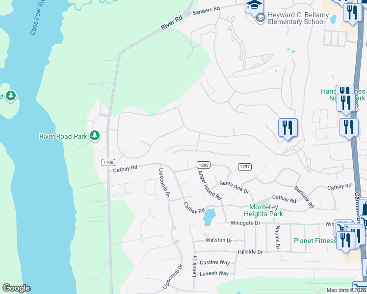 map of restaurants, bars, coffee shops, grocery stores, and more near 323 Chattooga Place in Wilmington