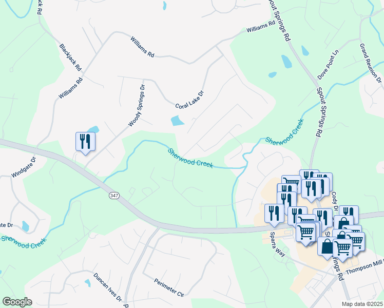 map of restaurants, bars, coffee shops, grocery stores, and more near 2111 Democracy Drive in Buford