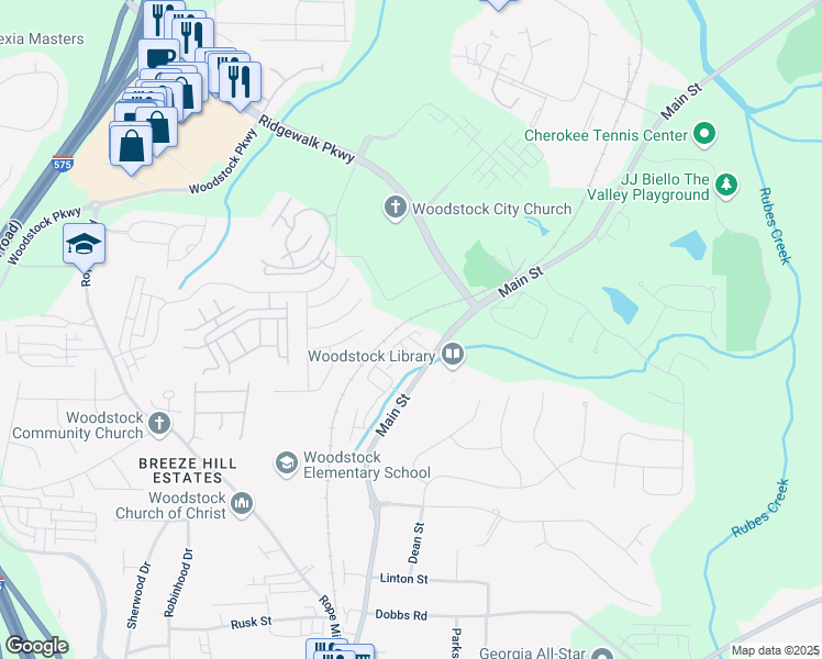 map of restaurants, bars, coffee shops, grocery stores, and more near 507 Bishop Lane in Woodstock