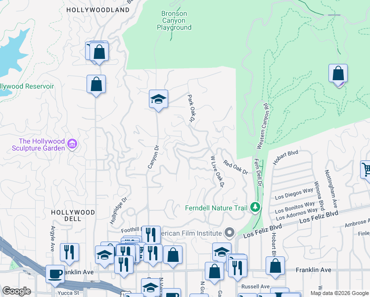 map of restaurants, bars, coffee shops, grocery stores, and more near 5661 Spreading Oak Drive in Los Angeles