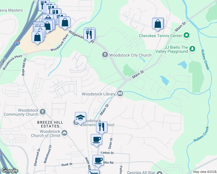 map of restaurants, bars, coffee shops, grocery stores, and more near 507 Bishop Lane in Woodstock