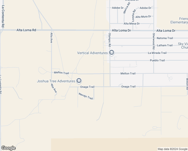 map of restaurants, bars, coffee shops, grocery stores, and more near Melton Trail in Joshua Tree