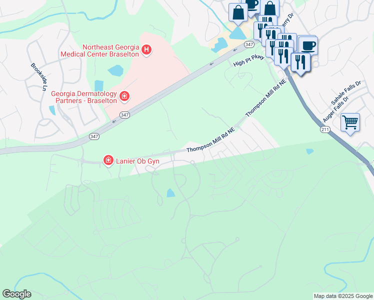 map of restaurants, bars, coffee shops, grocery stores, and more near Thompson Mill Road in Hoschton