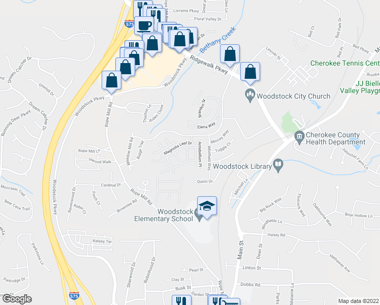 map of restaurants, bars, coffee shops, grocery stores, and more near 509 Blossom Way in Woodstock