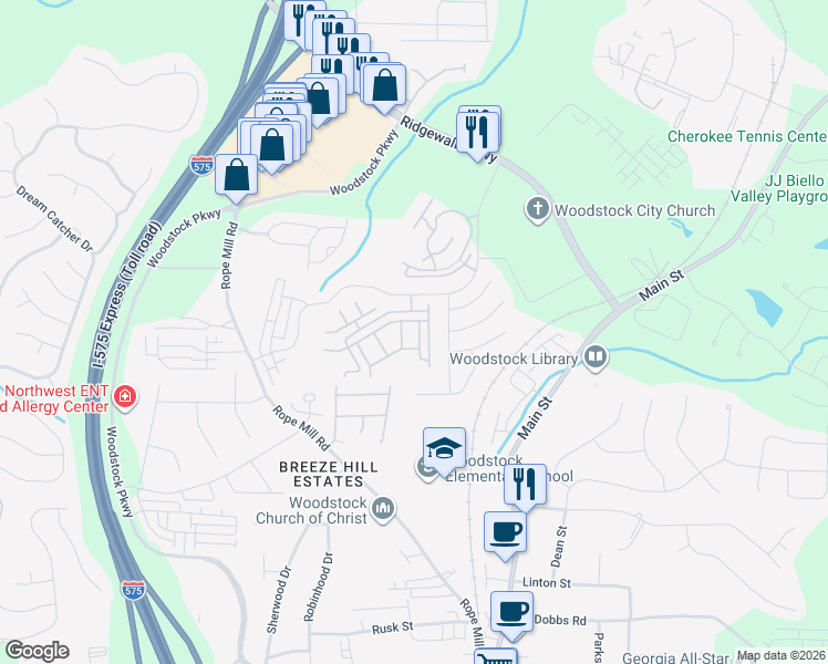 map of restaurants, bars, coffee shops, grocery stores, and more near 408 Lantern Lane in Woodstock