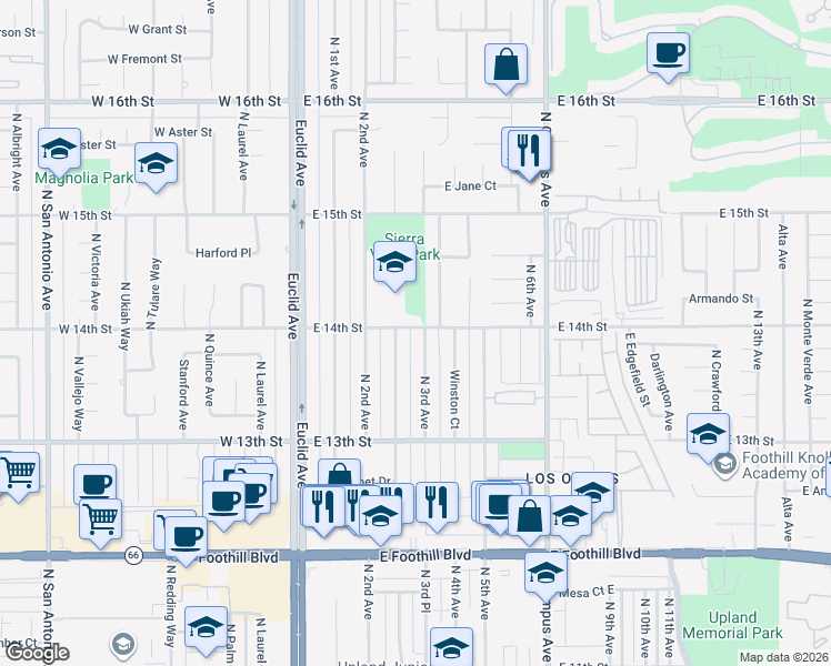 map of restaurants, bars, coffee shops, grocery stores, and more near 1397 North 3rd Avenue in Upland