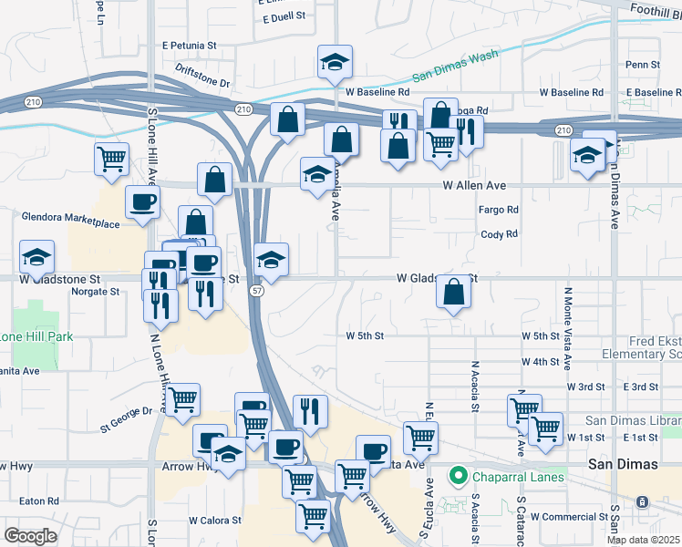 map of restaurants, bars, coffee shops, grocery stores, and more near 649 West Gladstone Street in San Dimas