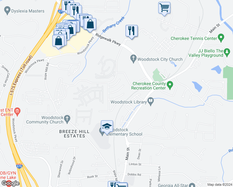 map of restaurants, bars, coffee shops, grocery stores, and more near 310 Tuggle Court in Woodstock