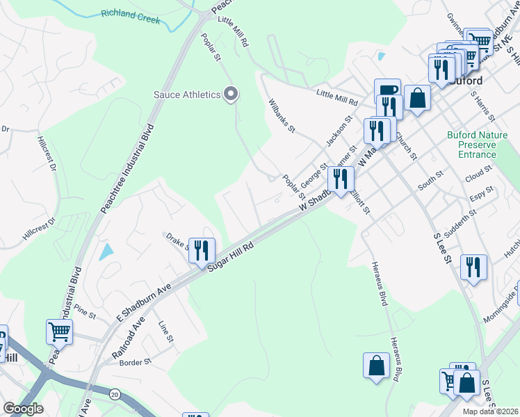 map of restaurants, bars, coffee shops, grocery stores, and more near 810 Jackson Street in Buford