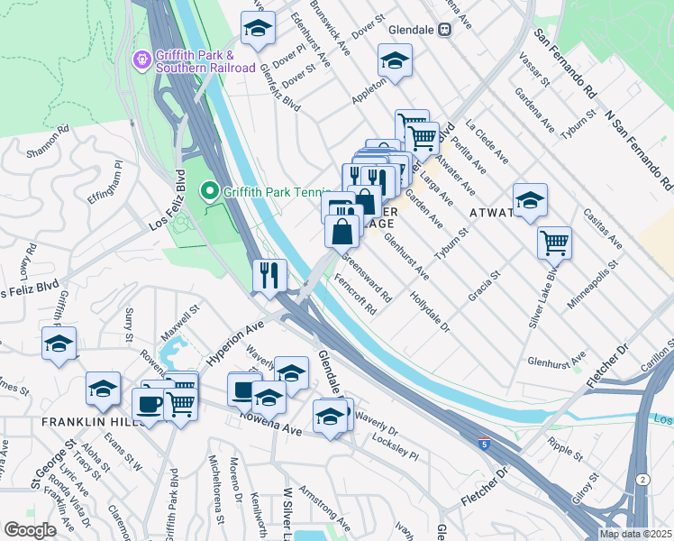 map of restaurants, bars, coffee shops, grocery stores, and more near 2980 Glendale Boulevard in Los Angeles