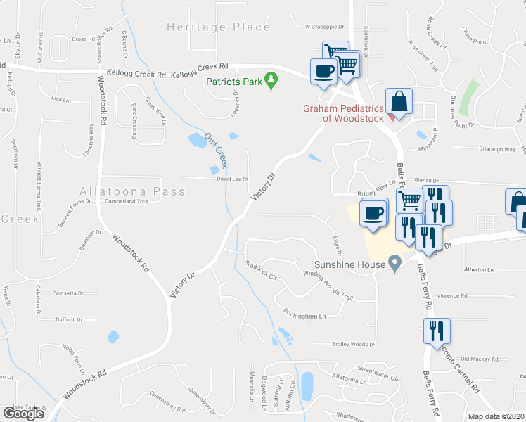 map of restaurants, bars, coffee shops, grocery stores, and more near 1607 Eagle Drive in Woodstock