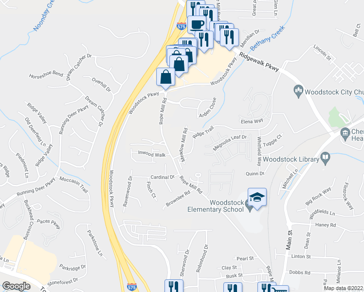 map of restaurants, bars, coffee shops, grocery stores, and more near 132 Meadow Street in Woodstock