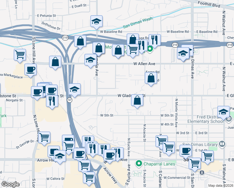map of restaurants, bars, coffee shops, grocery stores, and more near 539 West Gladstone Street in San Dimas