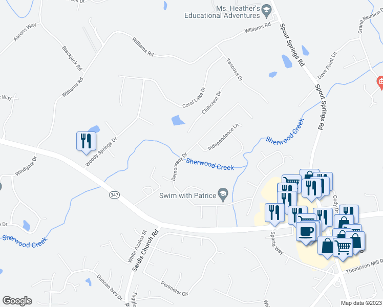 map of restaurants, bars, coffee shops, grocery stores, and more near 2111 Democracy Drive in Buford