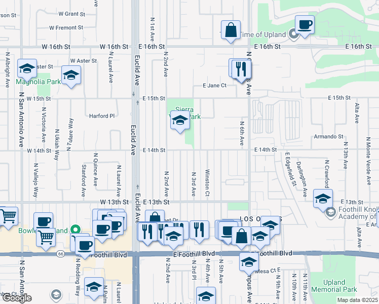 map of restaurants, bars, coffee shops, grocery stores, and more near 1397 North 3rd Avenue in Upland