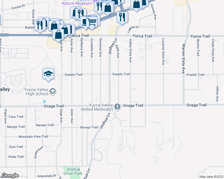 map of restaurants, bars, coffee shops, grocery stores, and more near 7599 Joshua Lane in Yucca Valley