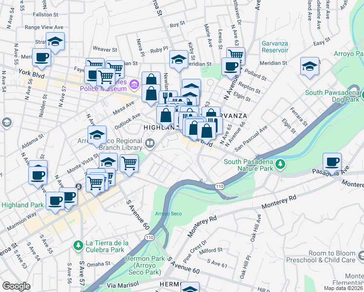 map of restaurants, bars, coffee shops, grocery stores, and more near 131 South Avenue 63 in Los Angeles
