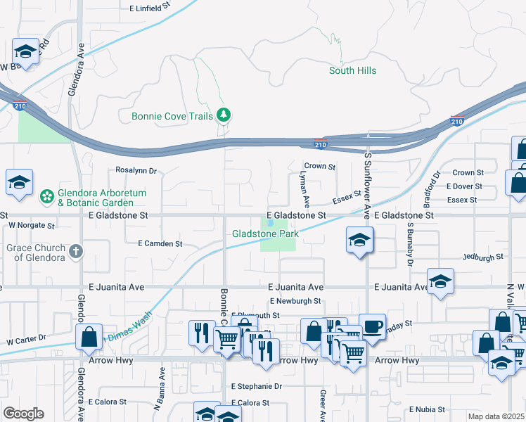 map of restaurants, bars, coffee shops, grocery stores, and more near 629 East Ghent Street in Glendora