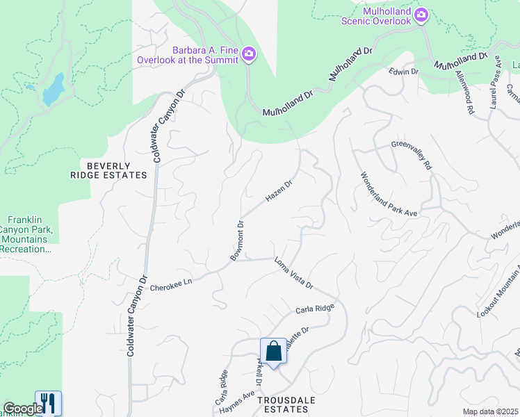 map of restaurants, bars, coffee shops, grocery stores, and more near Hazen Drive in Los Angeles
